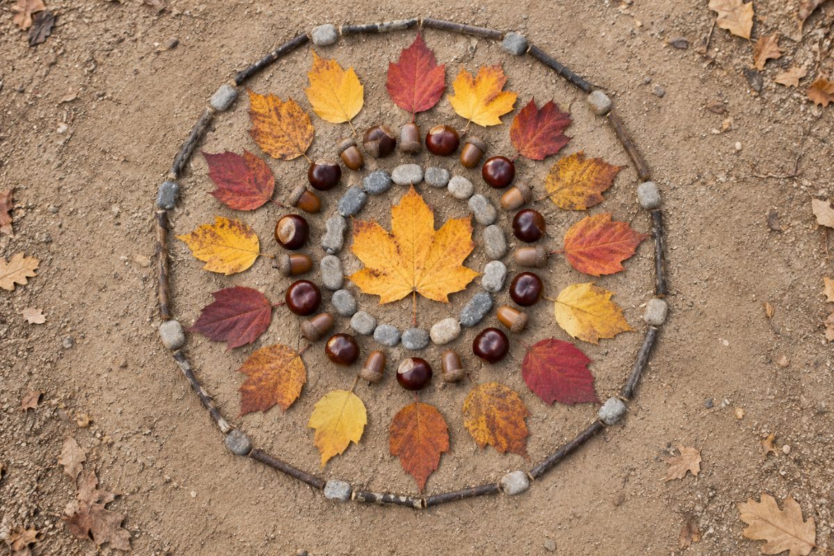 Herbstliches Naturmandala mit Kindern aus Kastanien, Eicheln, Blättern, Steinen und Zweigen legen