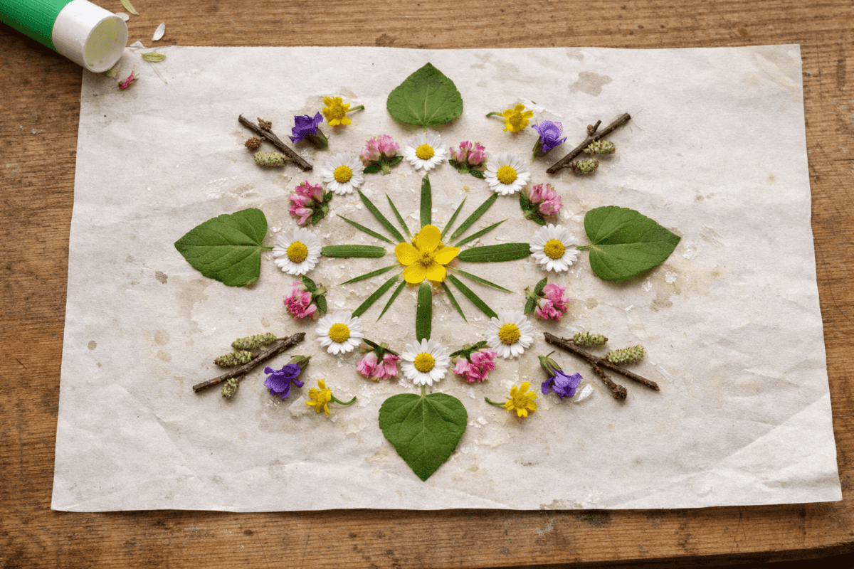 Kinder sammeln in der Natur Materialien, um im Frühling draußen zu sein. Kind gestaltet ein Muster aus Blättern, Blüten, Gräsern und Zweigen auf Papier im Frühling