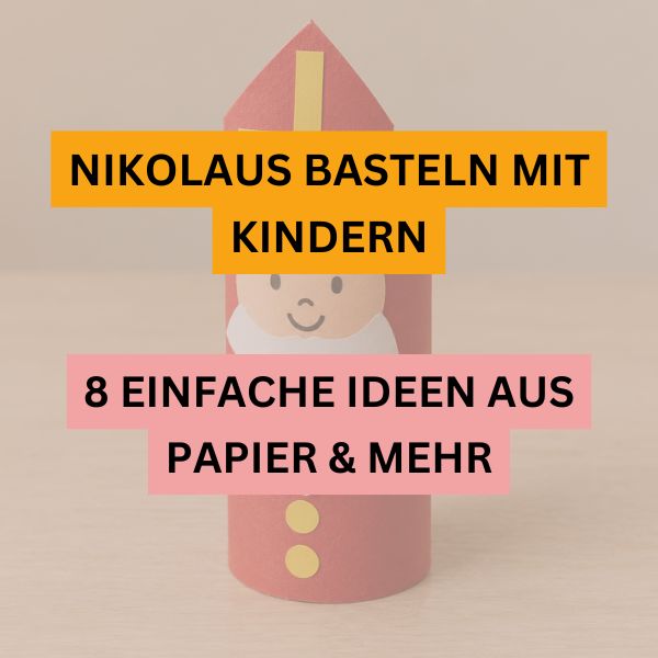 Nikolaus aus einer roten Papprolle mit weißem Bart und gelben Knöpfen; Titelbild zu acht Bastelideen für Kinder.
