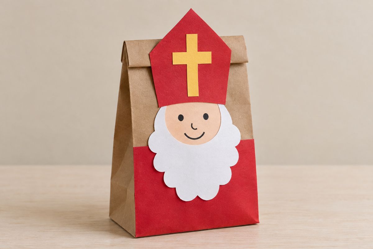 Braune Papiertüte als Nikolaus gestaltet, mit rotem Papiermantel, weißem Bart und roter Bischofsmütze mit gelbem Kreuz.
