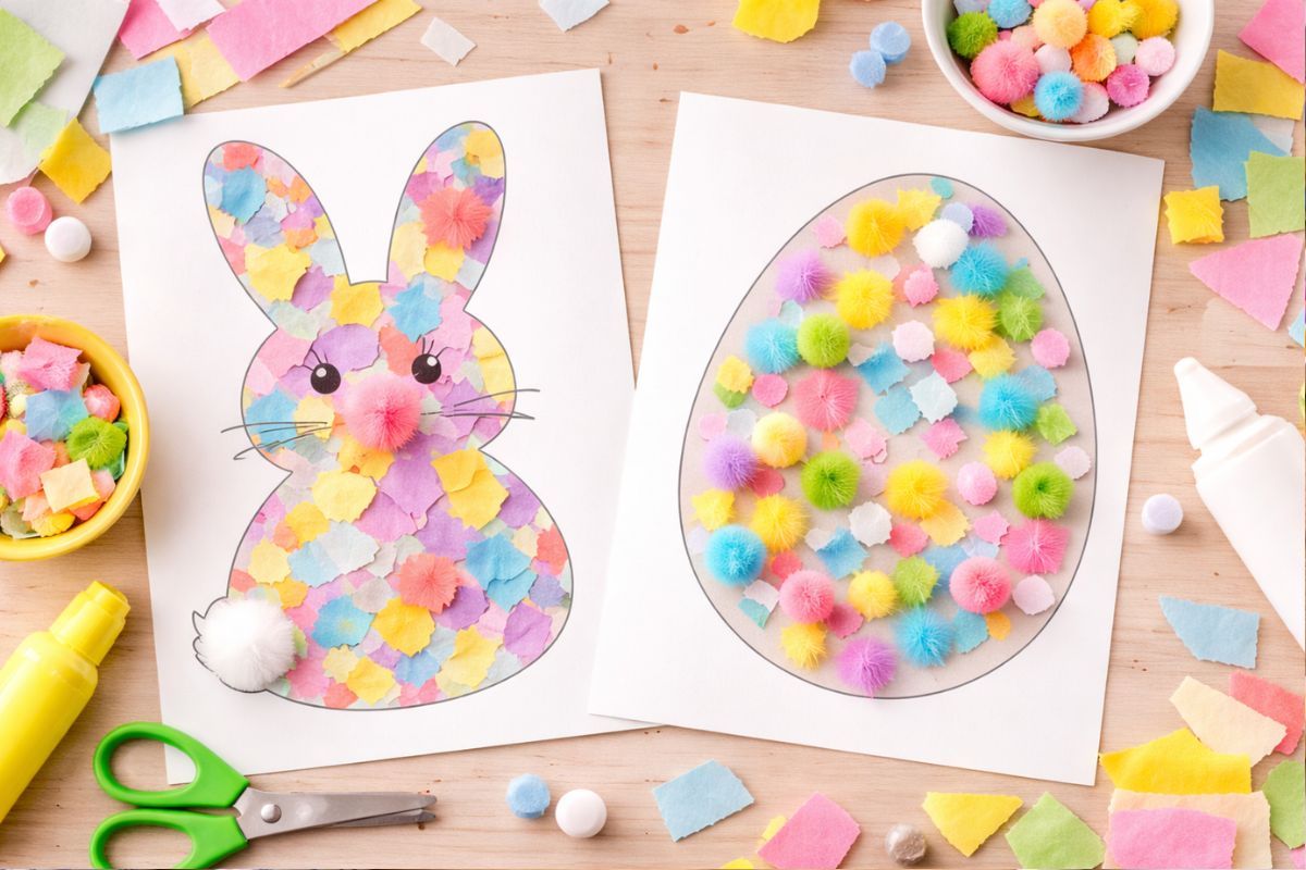 Osterbilder mit Klebetechnik für Kinder mit Hase und Osterei aus bunten Papierschnipseln und Bastelmaterial