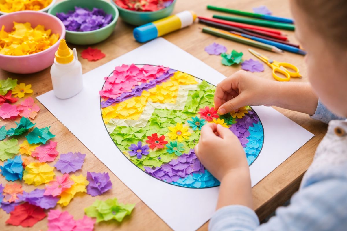 Kind bastelt ein Osterei aus gerissenem Papier – kreative Frühlingsidee für Kinder mit einfacher Vorlage
