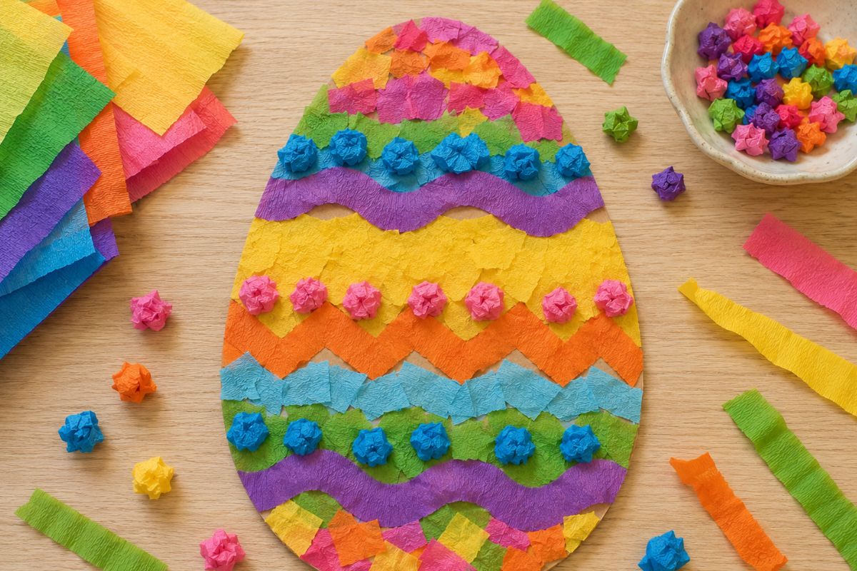 Osterei basteln mit Krepppapier: Von einem Kind gestaltetes Osterei aus Pappe mit bunten Krepppapierstreifen, Schnipseln und locker geknüllten Krepppapierkugeln in verschiedenen Mustern