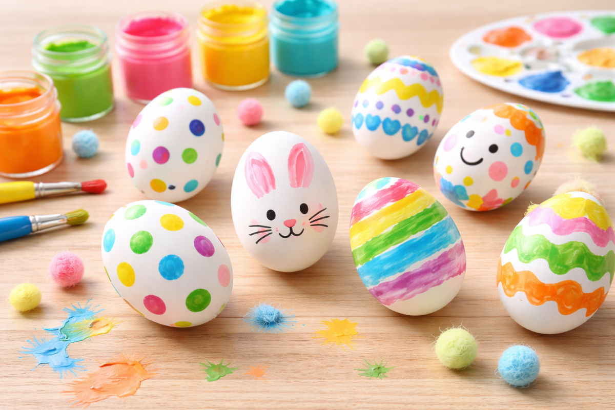Bunt bemalte Ostereier mit einfachen Mustern, Punkten und Gesichtern auf einem Tisch