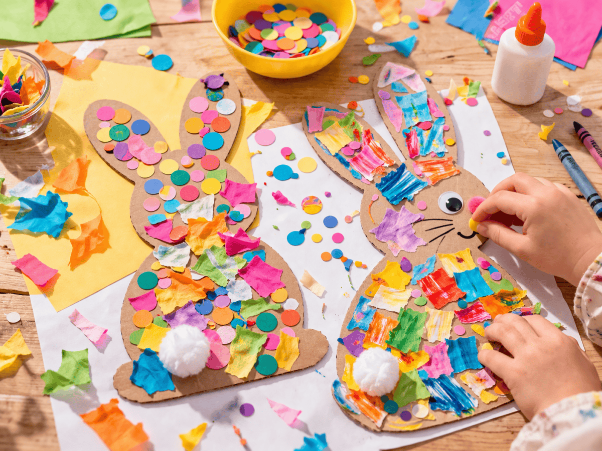 Osterhasen aus Karton, die mit buntem Konfetti und Papierschnipseln beklebt wurden