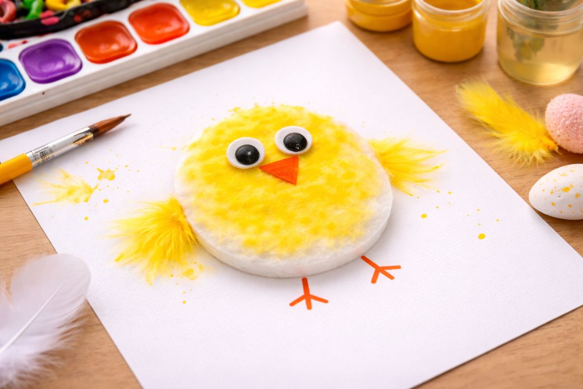Küken basteln zu Ostern mit Wattepad – einfache Frühlingsidee für Kinder mit gelber Farbe
