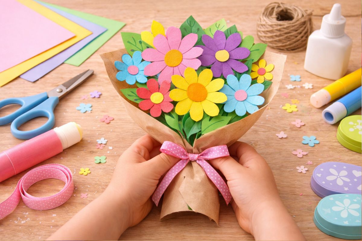 Kind hält einen selbstgebastelten Blumenstrauß aus buntem Papier, einfache Bastelidee für Muttertag mit Kindern