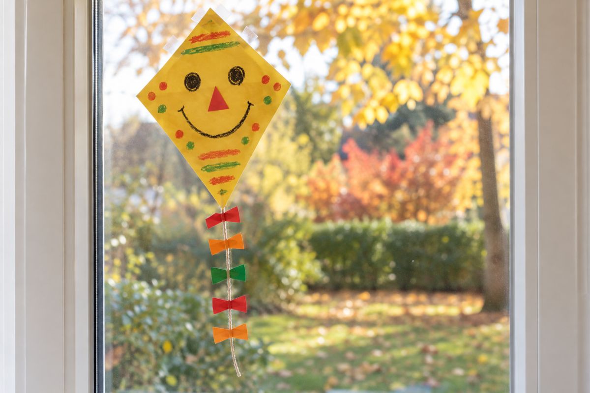 Herbst basteln mit Kindern – einfacher Papierdrachen mit Gesicht und bunten Schleifen