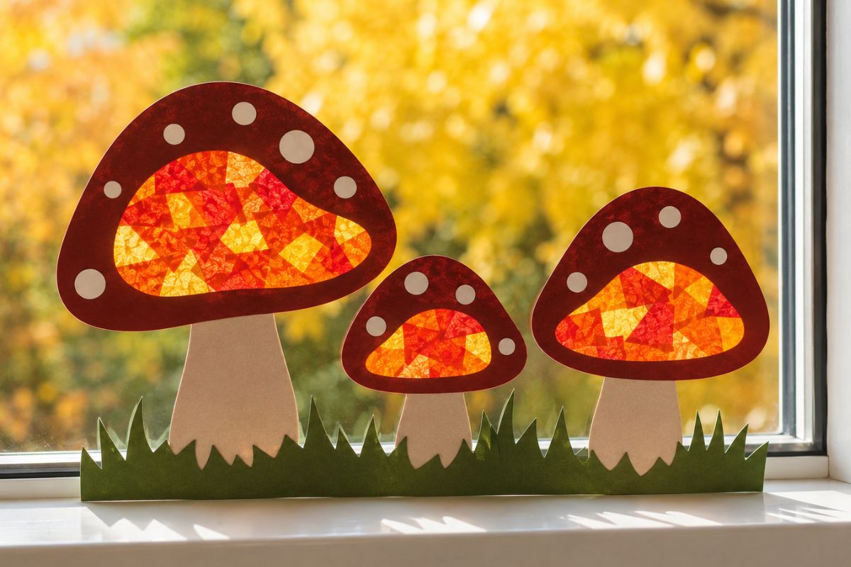 Drei Pilz-Fensterbilder aus dunkelrotem Tonkarton mit hellem Stiel und Transparentpapier in Rot, Orange und Gelb.