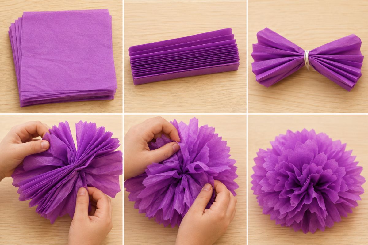 Schritt-für-Schritt-Anleitung zum Basteln eines Pompons aus Krepppapier mit quadratischen Papierbögen