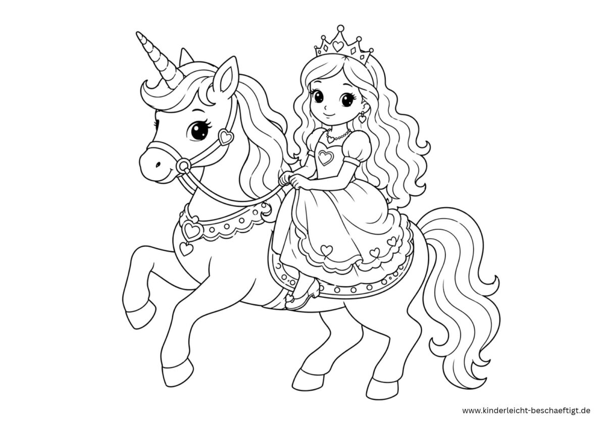 Prinzessin auf einem Einhorn als Ausmalbild zum Ausdrucken