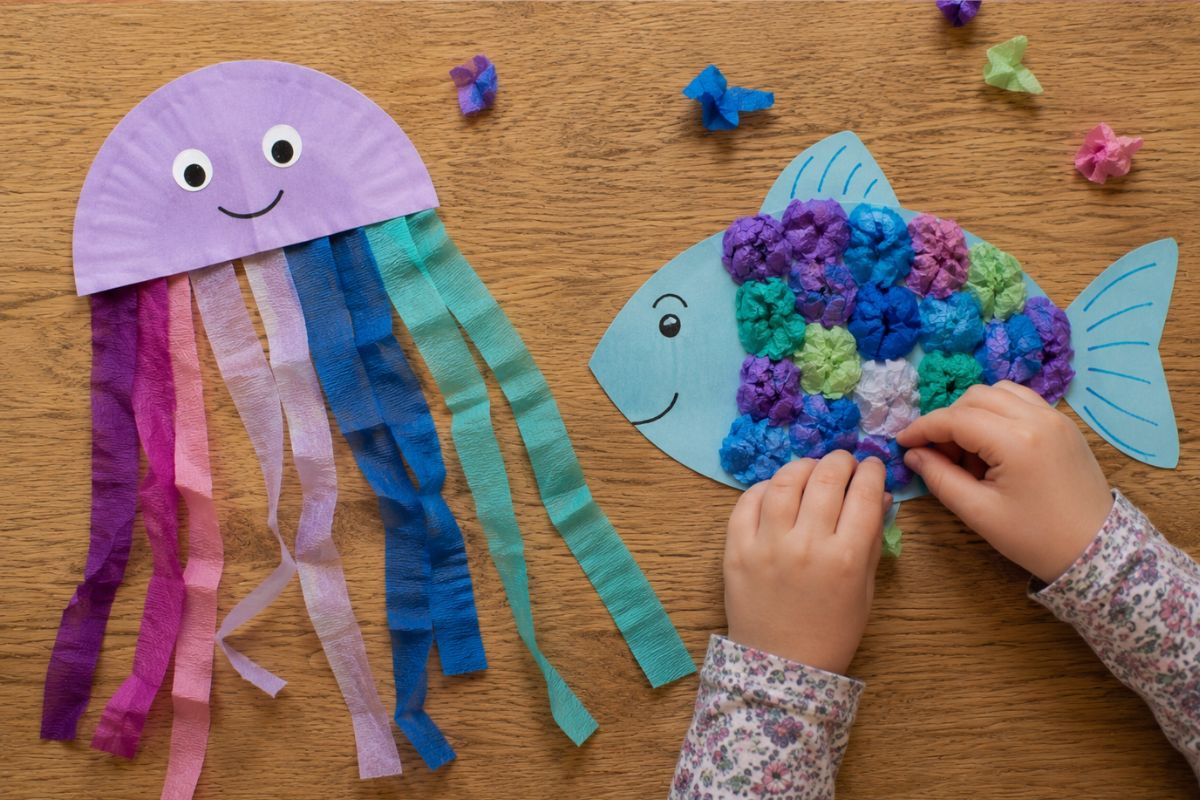 Qualle und Fisch basteln mit Krepppapier: Von einem Kind gestaltete Qualle mit langen bunten Krepppapier-Tentakeln sowie Fisch mit geknüllten Krepppapier-Schuppen in Blau-, Grün- und Lilatönen