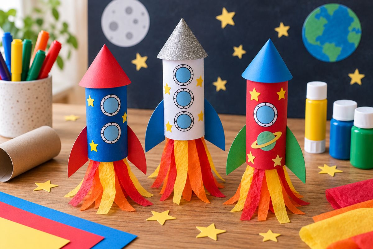 Rakete basteln mit Kindern aus Klopapierrollen, Papier und Krepppapier