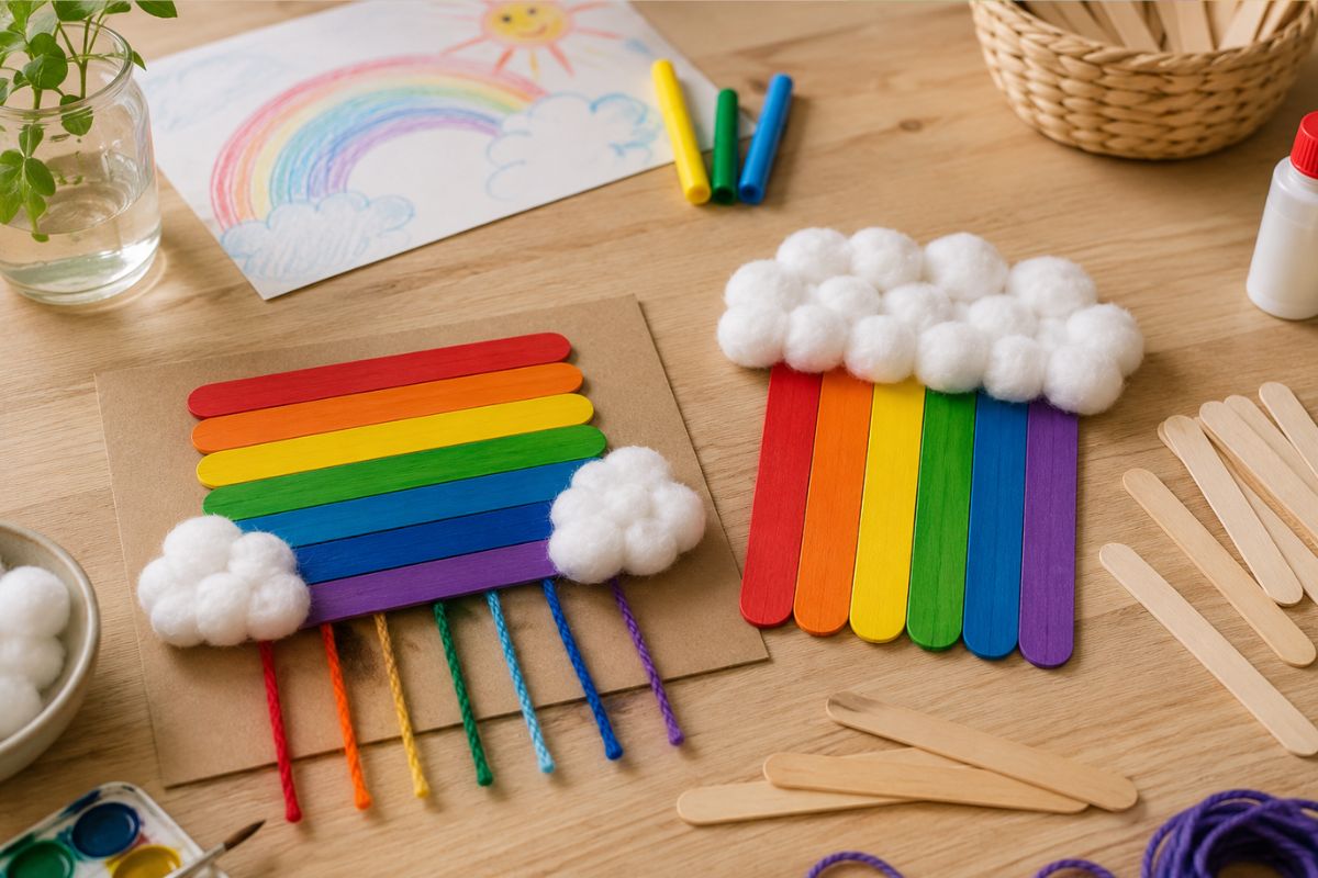 Zwei einfache Regenbogen-Bastelideen aus bunten Eisstielen und Holzstäbchen mit Wattewolken als kreative Bastelidee für Kinder.