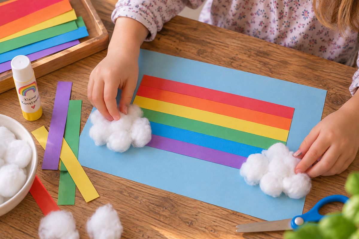 Regenbogen basteln mit Kindern aus bunten Papierstreifen und Watte