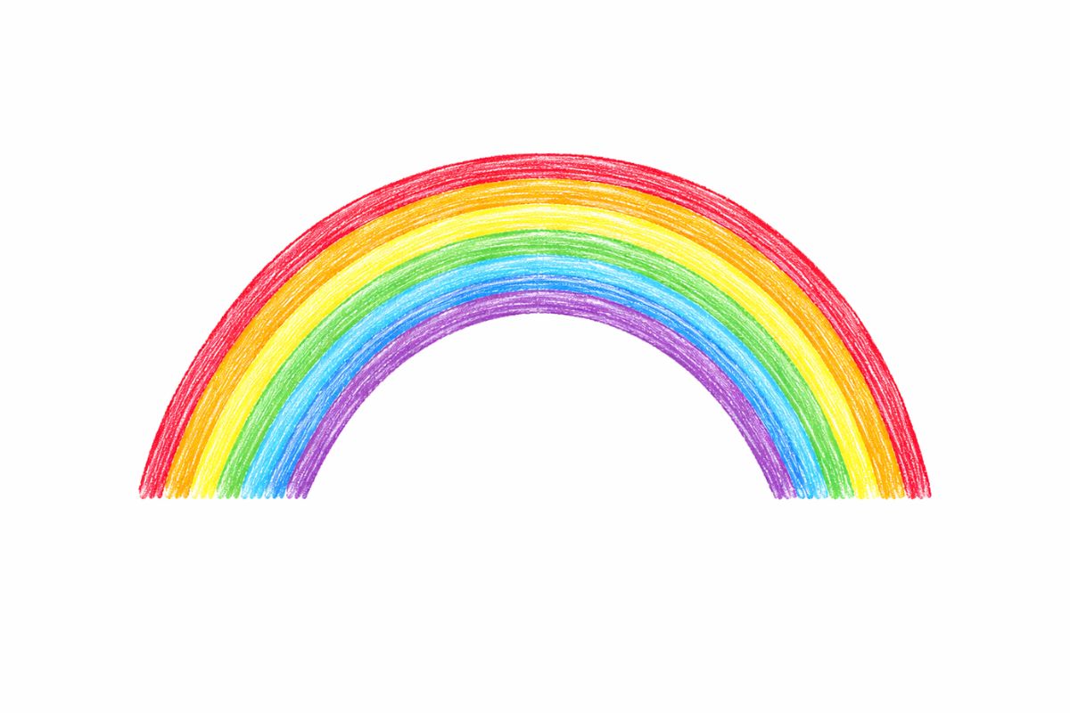 Einfacher Regenbogen von Kindern mit Buntstiften gemalt – buntes Frühlingsbild zum Nachmalen