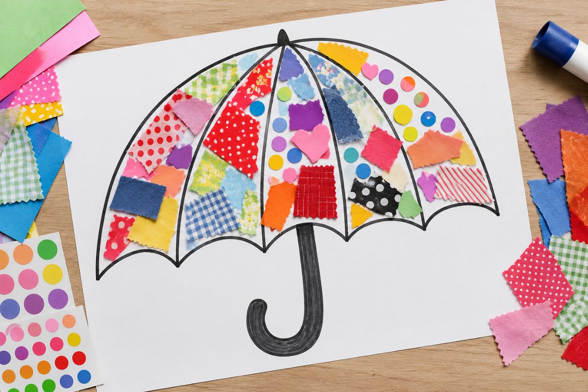 Regenschirm basteln mit Kindern als einfache Collage aus buntem Papier für Kindergarten und Zuhause
