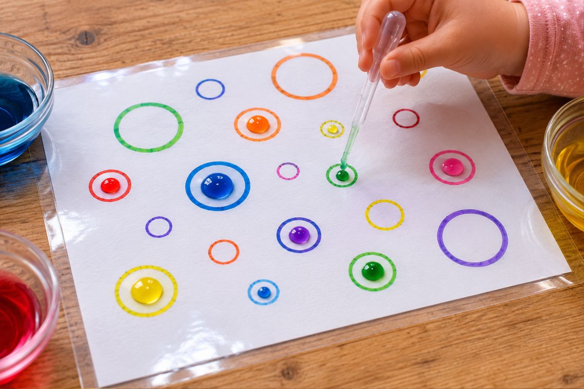 Einfache Beschäftigung bei Regen: Kind spielt ein Regentropfen-Zielspiel mit Pipette und bunten Kreisen zur Förderung der Feinmotorik.
