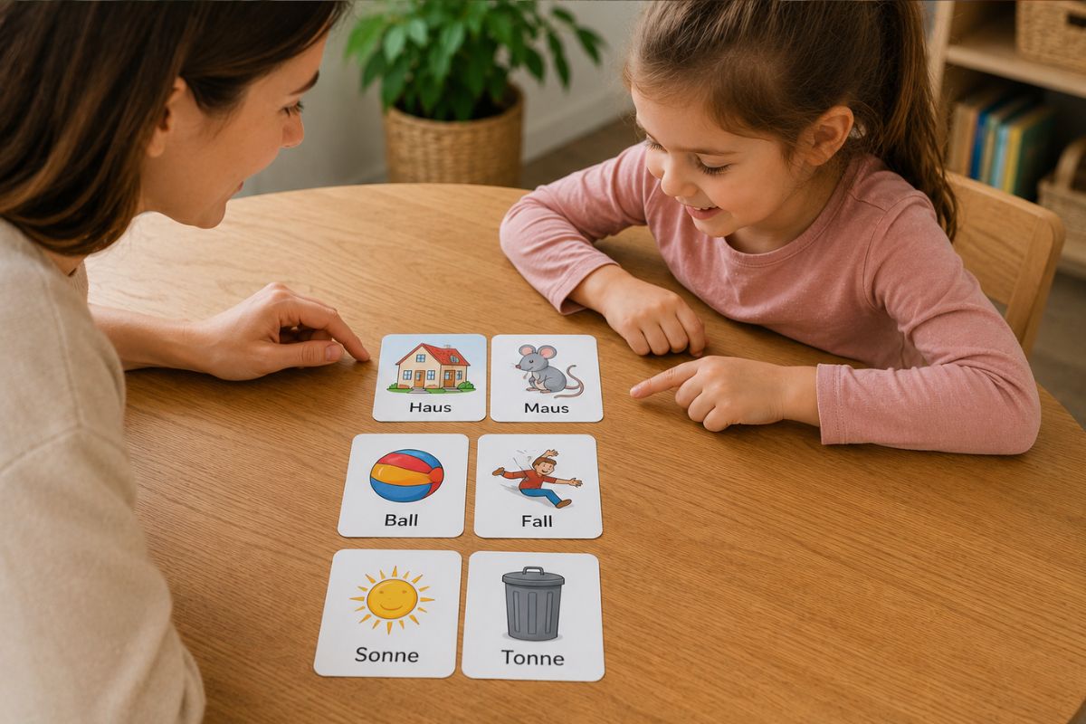 Mutter und Vorschulkind spielen mit Bildkarten und finden gemeinsam passende Reimwörter wie Haus und Maus