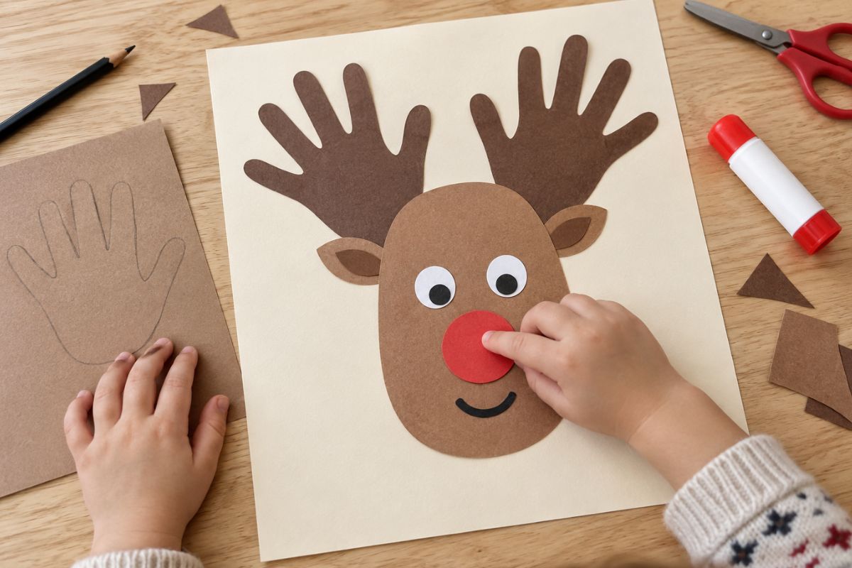Kind bastelt ein Rentier aus Papier mit ausgeschnittenen Handabdrücken als Geweih