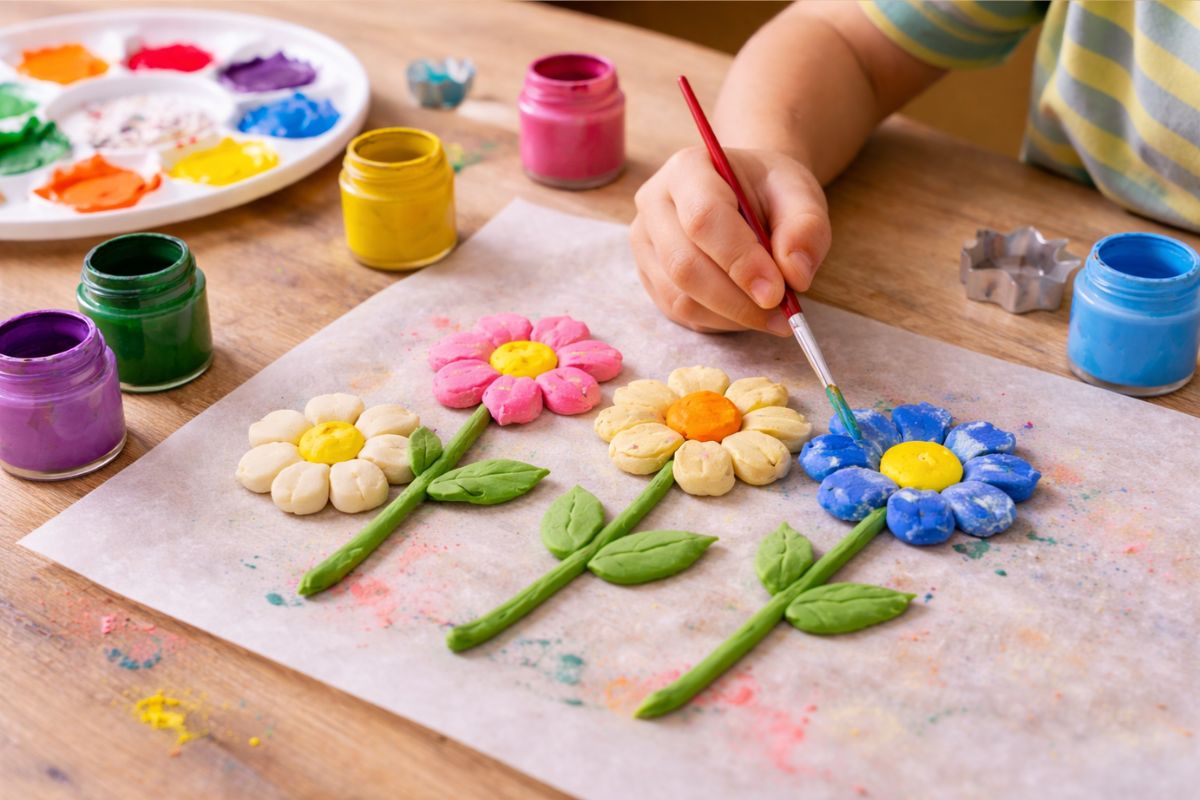 Kind bemalt Salzteig Blumen einfache Bastelidee für Kinder im Frühling. Ideen für Salzteig