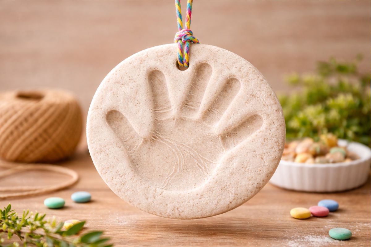 Salzteig Handabdruck Kind runde Form mit Kordel zum Aufhängen basteln