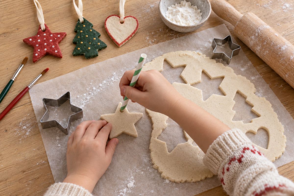 Kind sticht ein Aufhängeloch in einen Salzteigstern und gestaltet Weihnachtsanhänger