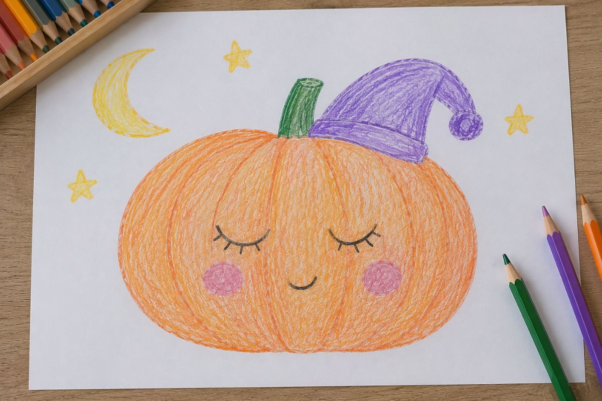 Schlafender Kürbis mit geschlossenen Augen, Wimpern, rosafarbenen Wangen und Schlafmütze gemalt