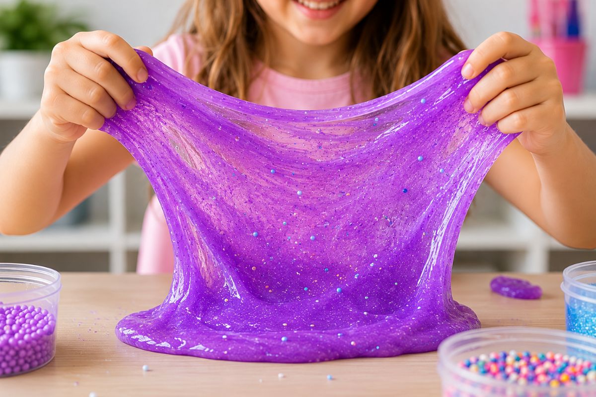 Kind zieht lila Schleim auseinander und spielt mit selbstgemachtem Glitzerschleim am Basteltisch.