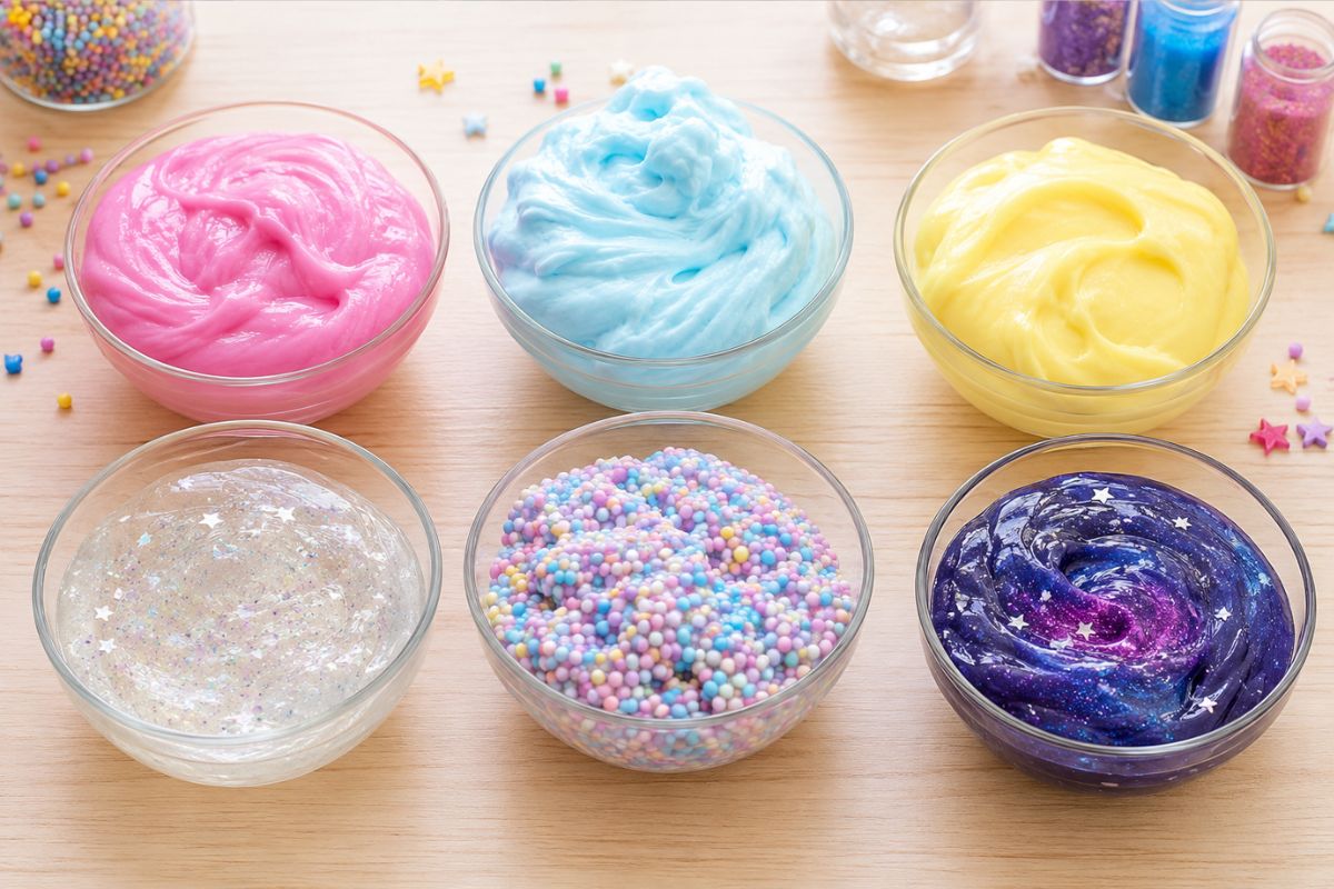 Verschiedene Schleimarten zum Selbermachen: klassischer Slime, Fluffy Slime, Butter Slime, Clear Slime, Crunchy Slime und Galaxy Slime für Kinder.