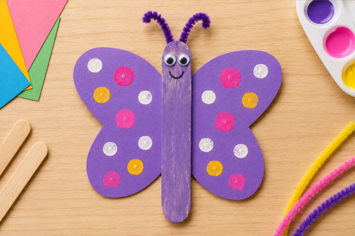 Selbst gebastelter Schmetterling aus einem bemalten Eisstiel mit bunten Papierflügeln und Pfeifenreiniger-Fühlern als Bastelidee für Kinder.