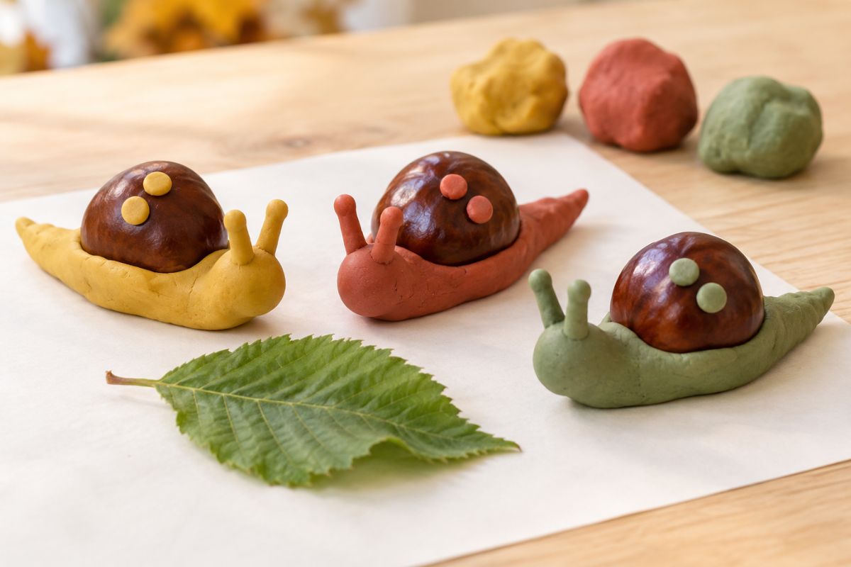 Herbst basteln mit Kindern – Schnecken aus bunter Knete und Kastanien