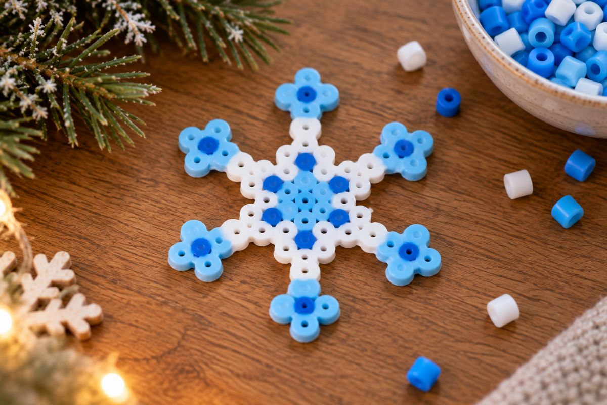 Schneeflocke aus blauen und weißen Bügelperlen basteln – einfache Winter-Bastelidee für Kinder