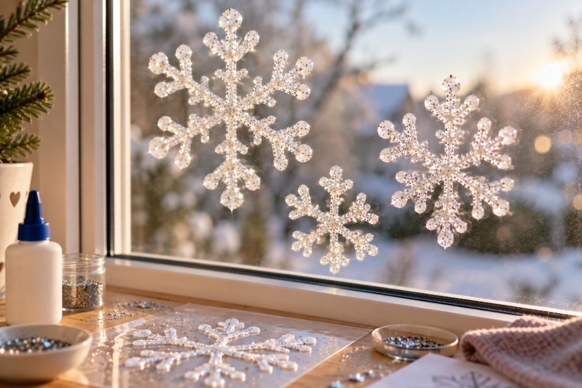 Schneeflocken aus Bastelkleber und Glitzer am Fenster – einfache Winterdeko mit Kindern basteln