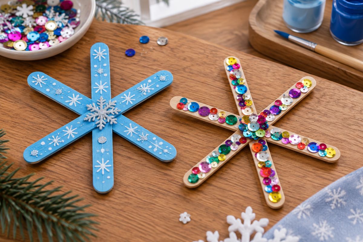 Schneeflocken aus Eisstielen basteln – bunt mit Pailletten und blau bemalt für Kinder