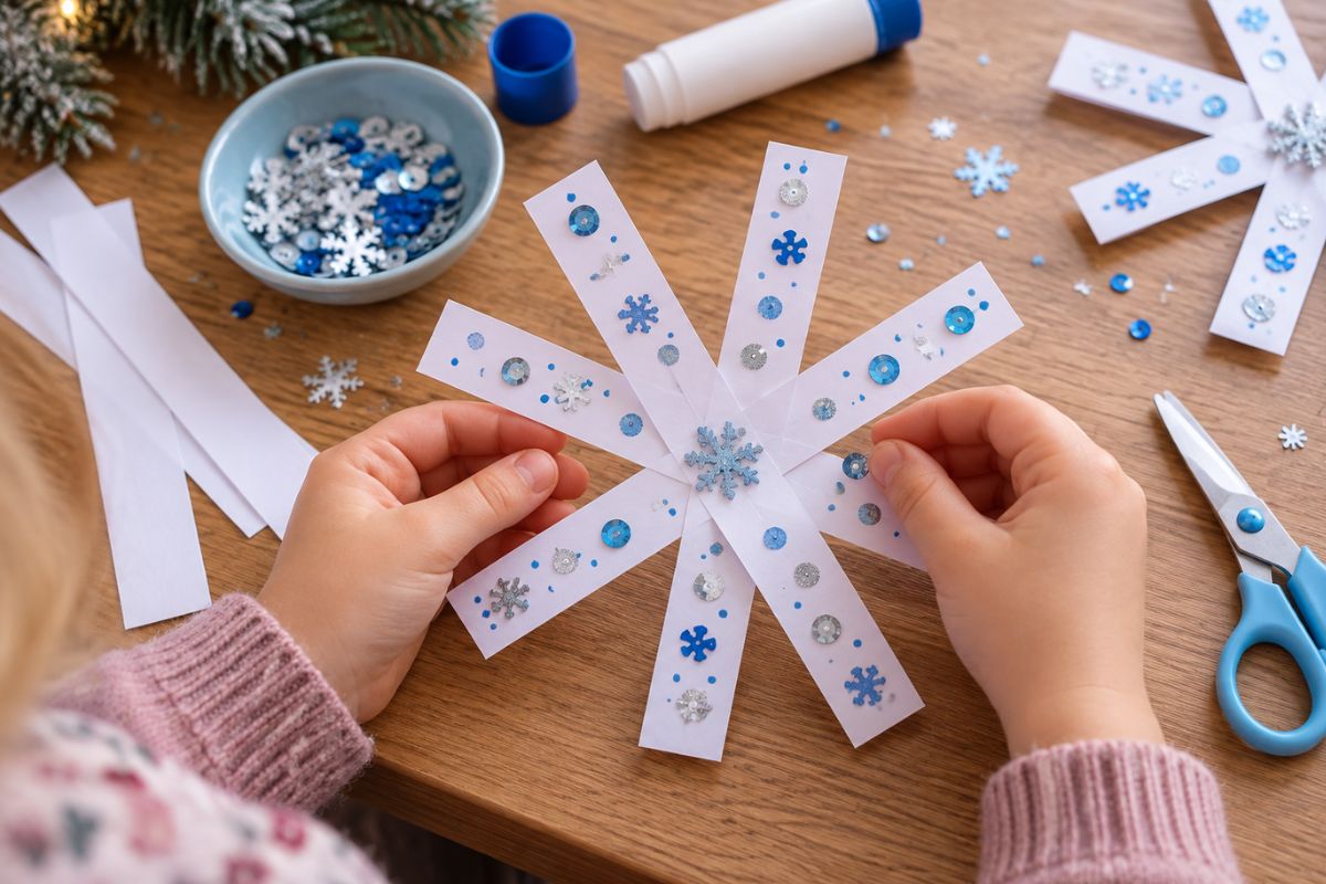 Einfache Schneeflocke aus Papierstreifen mit Kindern basteln und verzieren