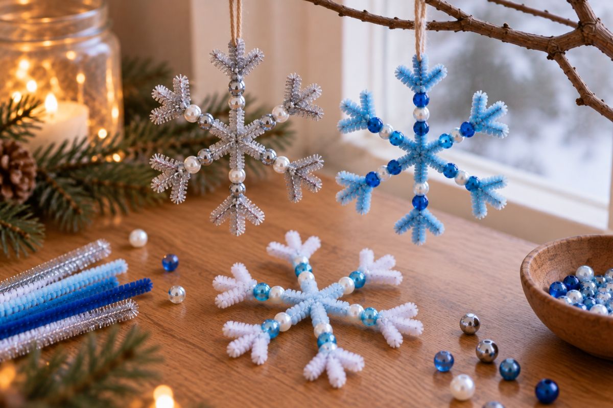 Schneeflocken aus Pfeifenreinigern mit Perlen basteln – winterliche Anhänger für Kinder