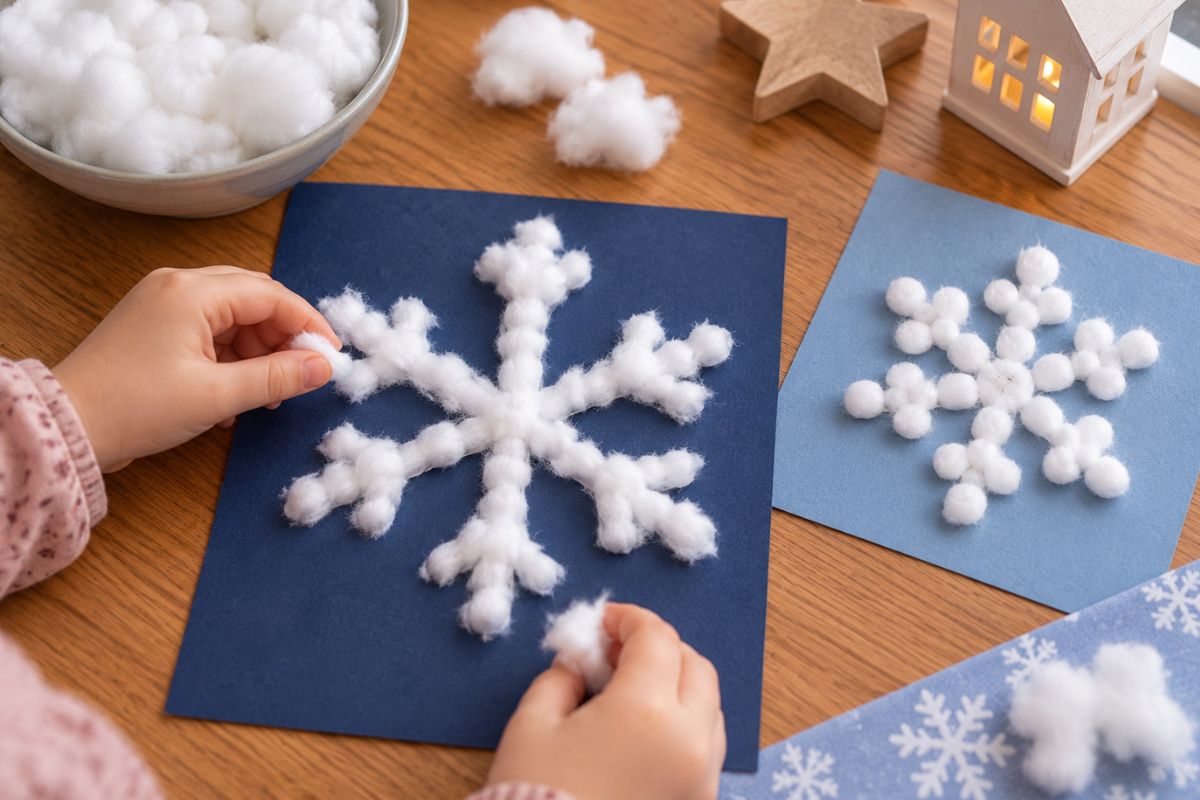 Schneeflocken aus Watte basteln – einfache Winter-Bastelidee auf blauem Papier für Kinder