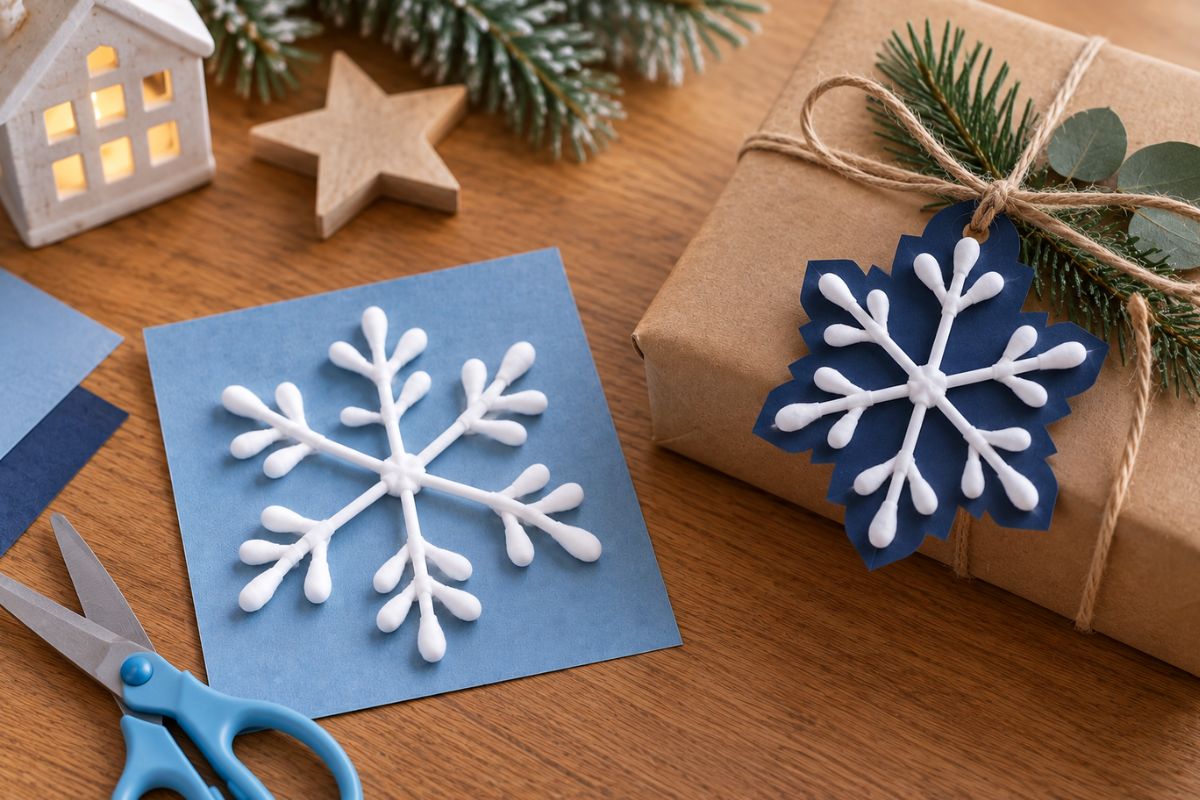 Schneeflocken aus Wattestäbchen basteln – Winterbild und Geschenkanhänger für Kinder