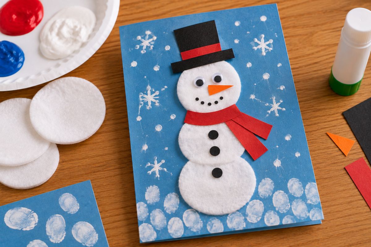 Schneemann-Weihnachtskarte mit Kindern basteln: Schneemann aus Watte mit Papierhut, Schal und winterlichen Fingerabdrücken.