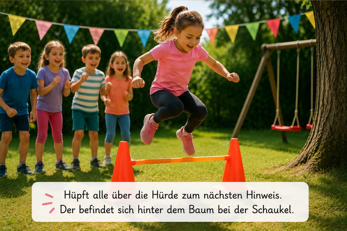 Kinder machen Bewegungsaufgaben bei einer Schnitzeljagd im Garten und springen über eine Hürde
