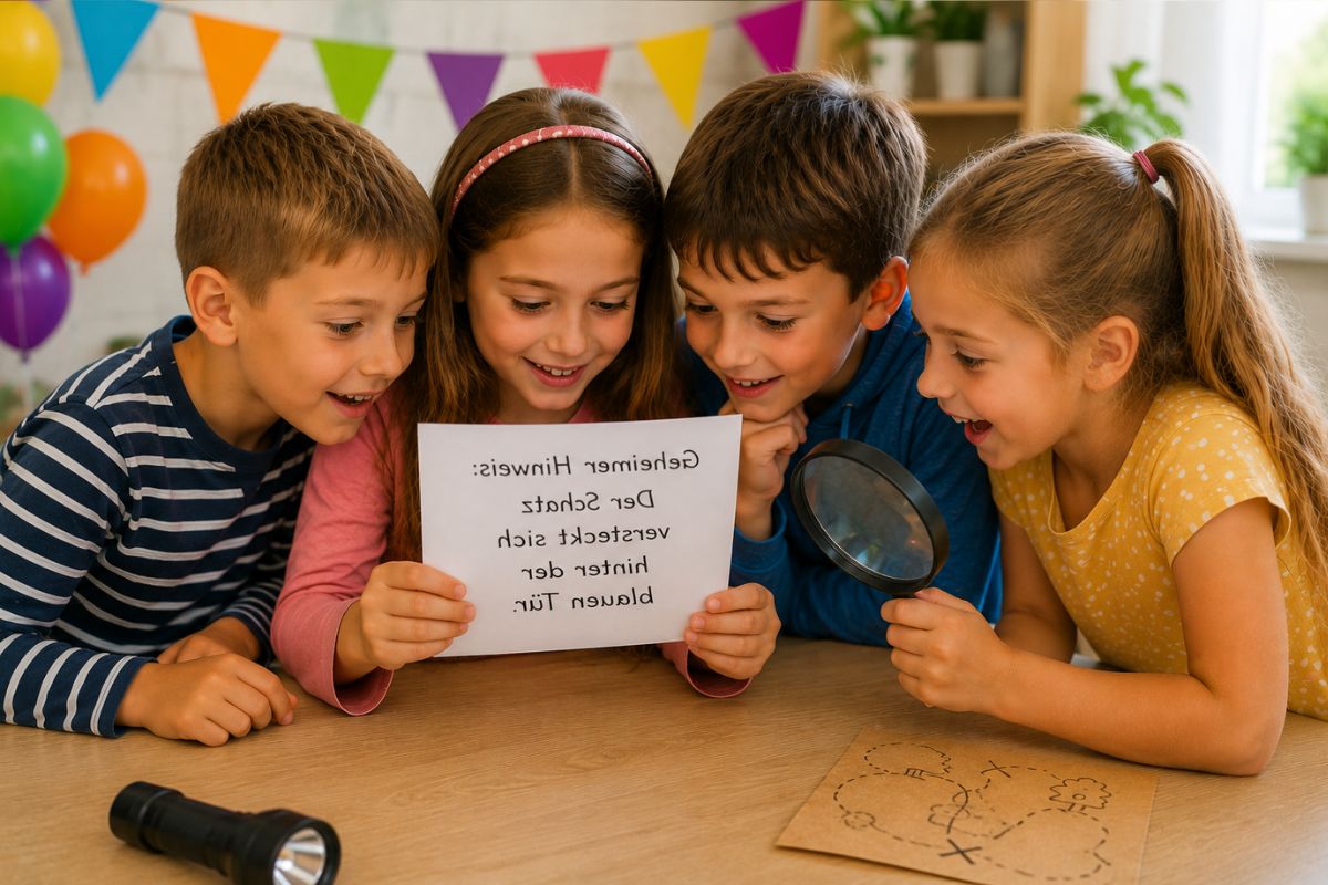 Kinder lösen bei einer Schnitzeljagd einen spiegelverkehrten Hinweis mit Geheimschrift