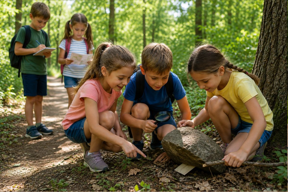 Kinder machen eine Schnitzeljagd draußen im Wald – Outdoor-Spiel und Bewegungsspiel für Kinder