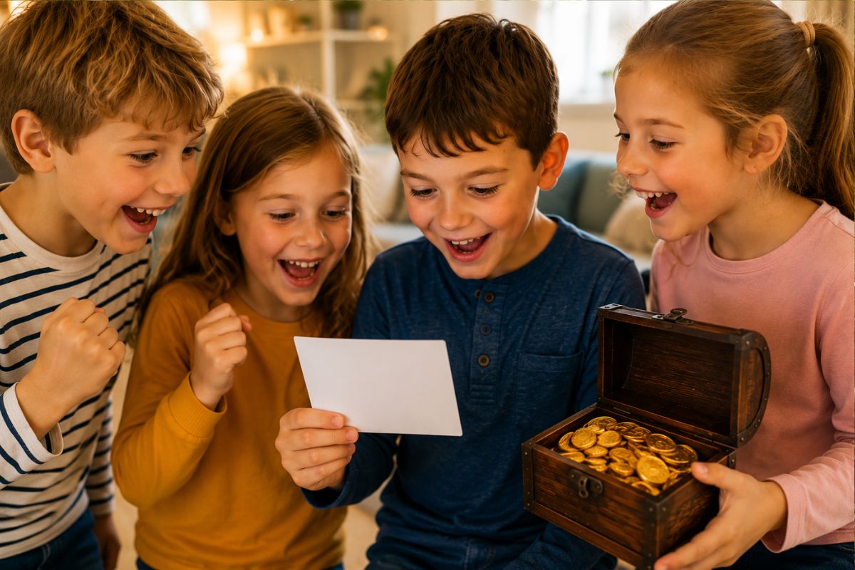 Kinder finden bei einer Schnitzeljagd zuhause eine Schatzkiste mit Schoko-Goldtalern