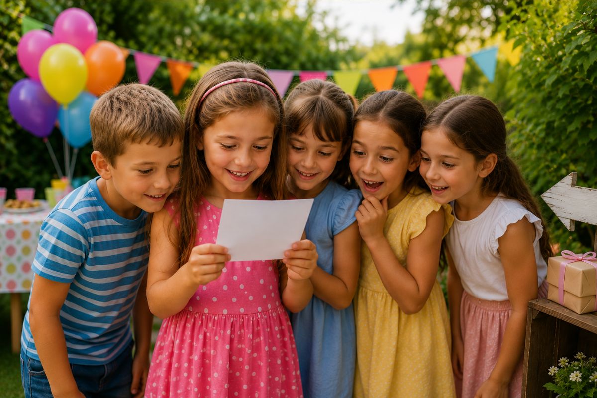 Kinder lesen gemeinsam einen Hinweiszettel bei einer Schnitzeljagd auf einem Kindergeburtstag