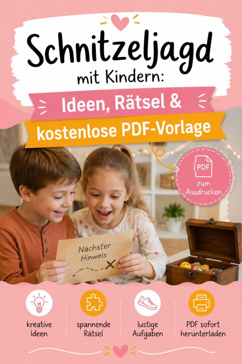 Kinder lösen Rätsel bei einer Schnitzeljagd mit Schatzkiste und kostenloser PDF-Vorlage