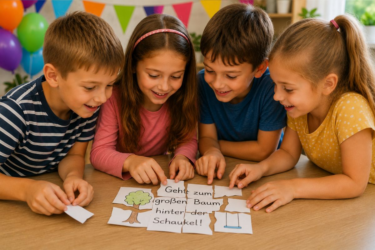 Kinder setzen bei einer Schnitzeljagd einen zerschnittenen Hinweis wie ein Puzzle zusammen