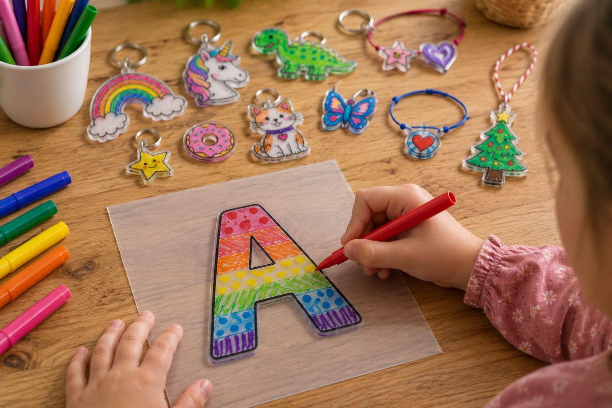 Kind bemalt eine transparente Schrumpffolie mit einem bunten Buchstaben A, im Hintergrund liegen fertige Schlüsselanhänger, Armbandanhänger und ein Weihnachtsbaumanhänger aus Schrumpffolie.