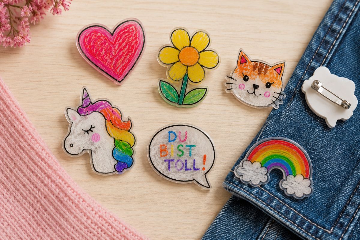 Selbst gebastelte Broschen aus Schrumpffolie mit Herz, Blume, Katze, Einhorn, Regenbogen und kurzer Botschaft sowie einer Broschennadel auf der Rückseite.