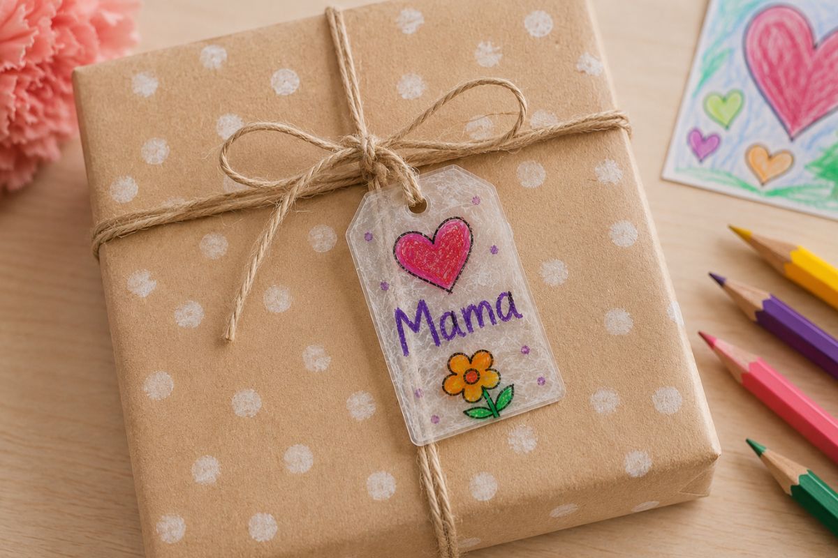 Persönlicher Geschenkanhänger aus Schrumpffolie mit Herz, Blume und dem Schriftzug „Mama“ an einem liebevoll verpackten Geschenk.